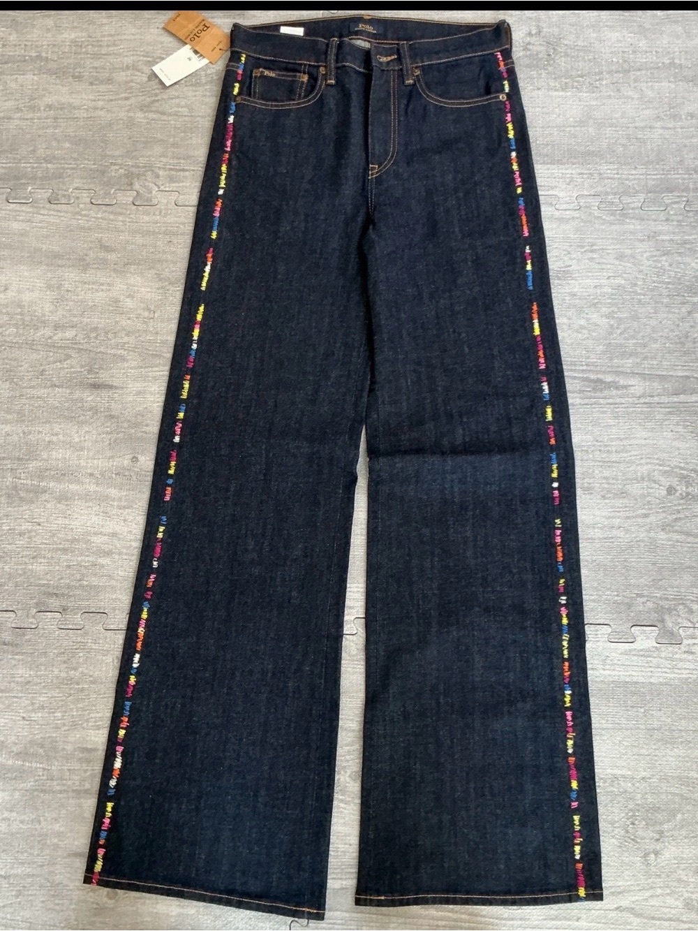 Polo Ralph Lauren Womens Wide Leg Rainbow Stitch Denim Jeans Size 28 (28x34)
